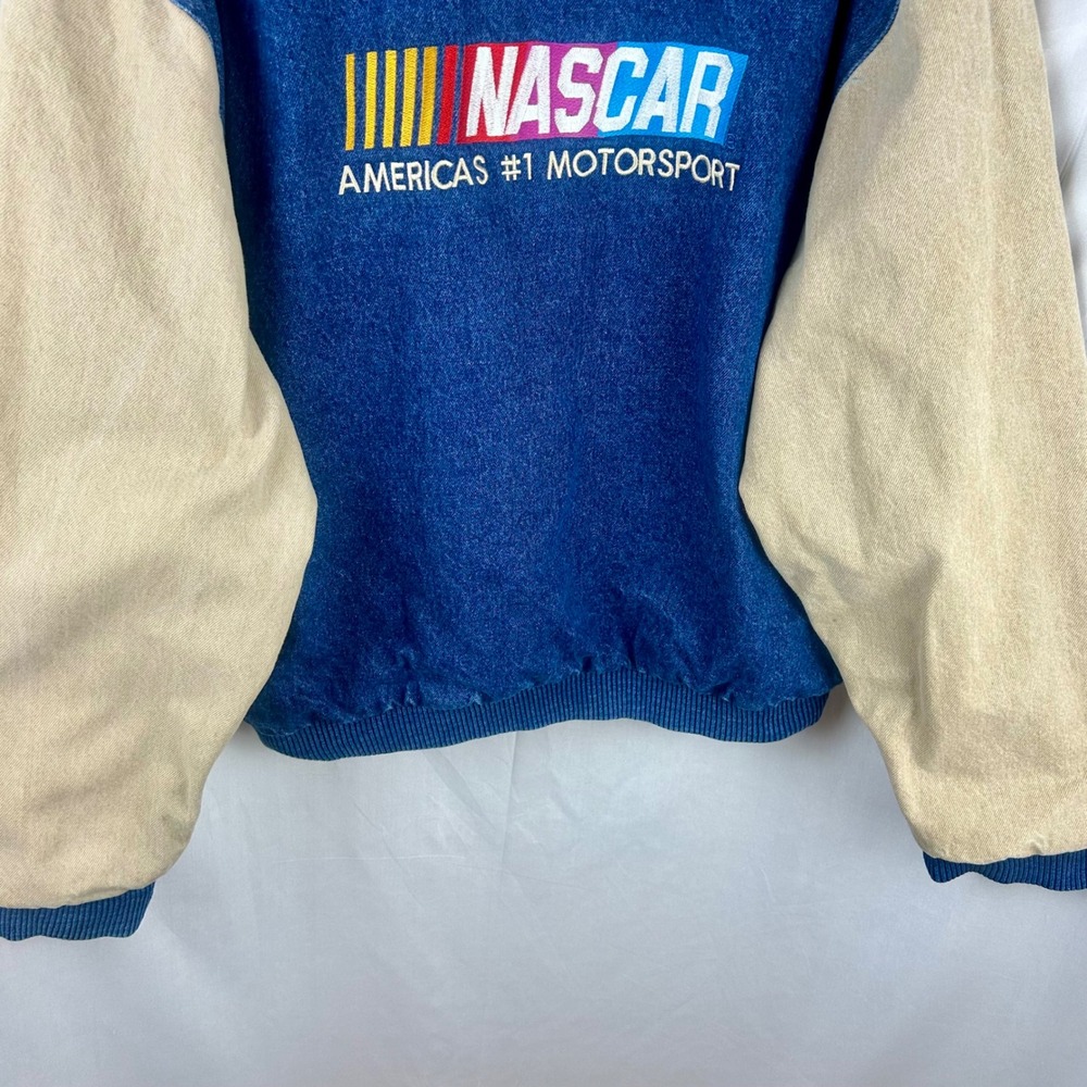 Vintage 90s NASCAR Three Rivers Denim Varsity Jacket Men Large Blue Tan USA Made - Picture 11 of 13